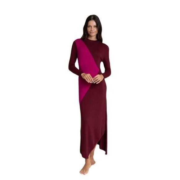 Colorblock Knit Long Sleeve Burgundy & Magenta Asymmetrical Maxi Dress - Picture 4 of 9